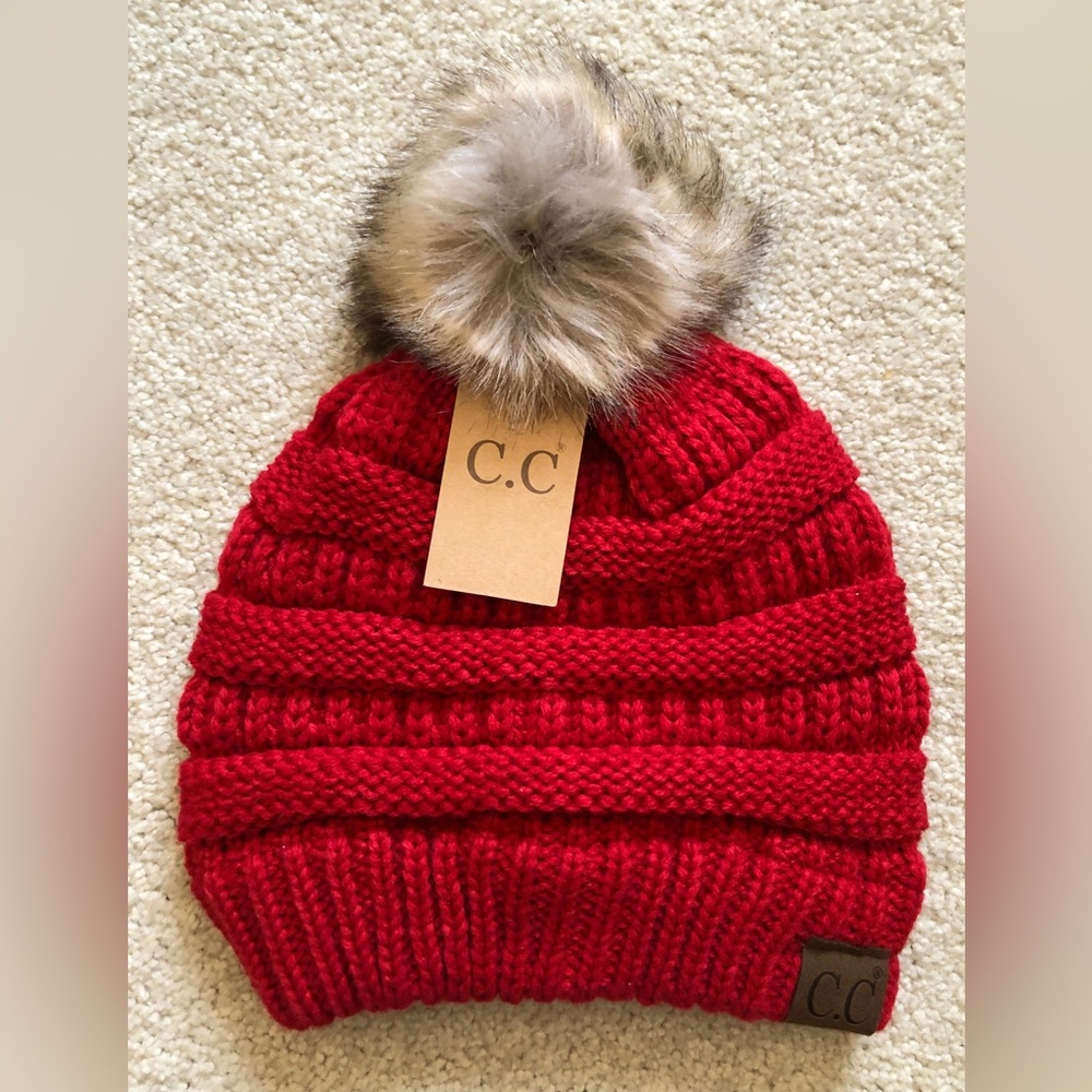 CC Fur Pom Winter Fall Trendy Chunky Stretchy Cable Knit Beanie Hat